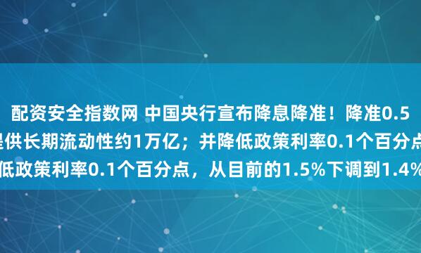 配资安全指数网 中国央行宣布降息降准！降准0.5个百分点，预计向市场提供长期流动性约1万亿；并降低政策利率0.1个百分点，从目前的1.5%下调到1.4%